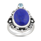 Beautiful Lapis & Blue Topaz Jewelry Set Pendant, Ring & Earring 925 Sterling Silver