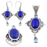 Beautiful Lapis & Blue Topaz Jewelry Set Pendant, Ring & Earring 925 Sterling Silver