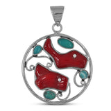 Red Bamboo Coral and Turquoise Silver Pendant