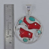 Red Bamboo Coral and Turquoise Silver Pendant