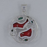 Red Bamboo Coral and Turquoise Silver Pendant