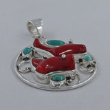 Red Bamboo Coral and Turquoise Silver Pendant