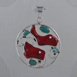 Red Bamboo Coral and Turquoise Silver Pendant