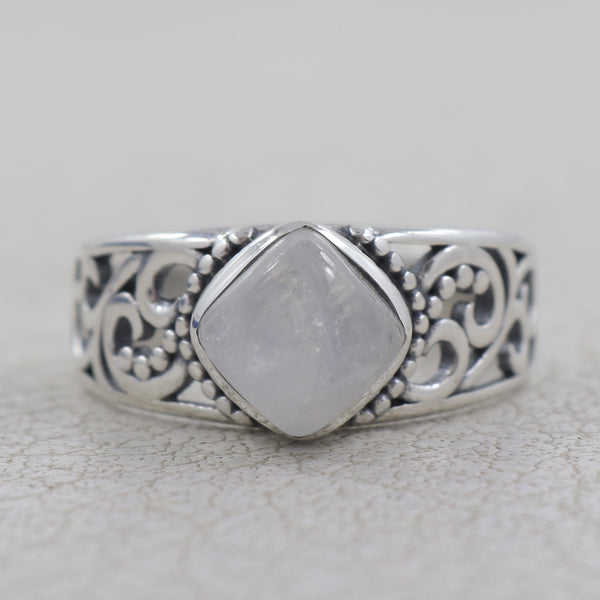 Natural Rainbow Moonstone Silver Rings