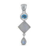 Rainbow Moonstone, Blue Topaz Silver Pendant