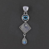 Rainbow Moonstone, Blue Topaz Silver Pendant