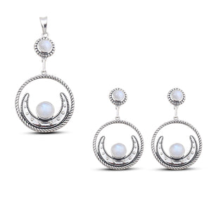 Rainbow Moonstone 925 Solid Silver Pendant Set