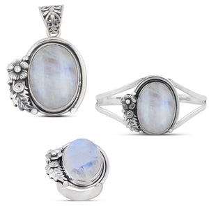 Rainbow Moonstone Gemstone 925 Sterling Silver Pendant Set