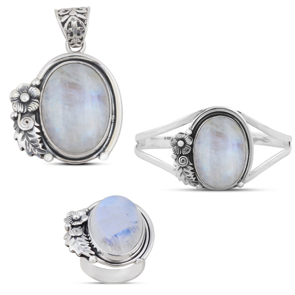 Rainbow Moonstone Gemstone 925 Sterling Silver Pendant Set