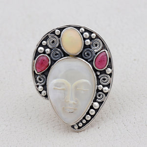 Carved Face Mother of Pearl Silver Ring