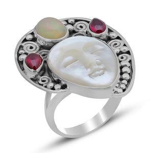 Carved Face Mother of Pearl Silver Ring