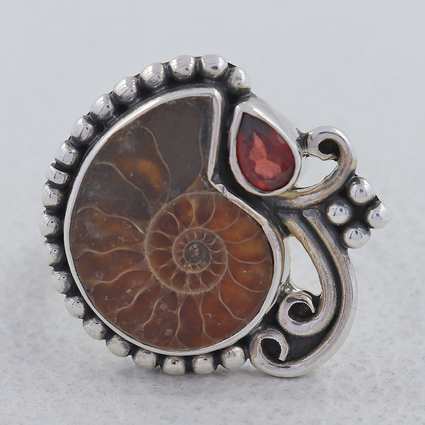 Ammonite & Garnet Silver Rings