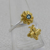 Blue Topaz Sterling Silver Gold Plated Adjustable Ring