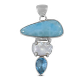 Blue Larimar, Pearl, Blue Topaz Silver Pendant