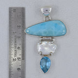 Blue Larimar, Pearl, Blue Topaz Silver Pendant