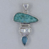 Blue Larimar, Pearl, Blue Topaz Silver Pendant