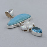 Blue Larimar, Pearl, Blue Topaz Silver Pendant