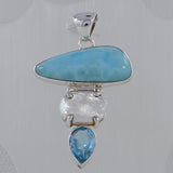 Blue Larimar, Pearl, Blue Topaz Silver Pendant