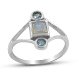 Rainbow Moonstone with Blue Topaz Silver Ring