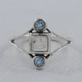 Rainbow Moonstone with Blue Topaz Silver Ring