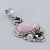 Pink Opal, Garnet, Pearl Gemstone Silver Pendant