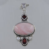 Pink Opal, Garnet, Pearl Gemstone Silver Pendant