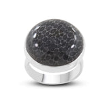 Natural Black Coral Cabochon Silver Ring