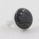 Natural Black Coral Cabochon Silver Ring