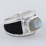 925 Sterling Silver Black Stingray Charoite Mens Ring