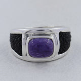 925 Sterling Silver Black Stingray Charoite Mens Ring