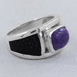 925 Sterling Silver Black Stingray Charoite Mens Ring