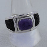 925 Sterling Silver Black Stingray Charoite Mens Ring