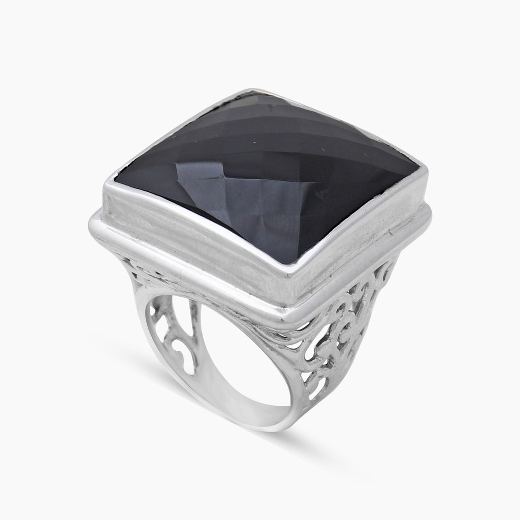 Checker Cut Black Onyx Silver Rings