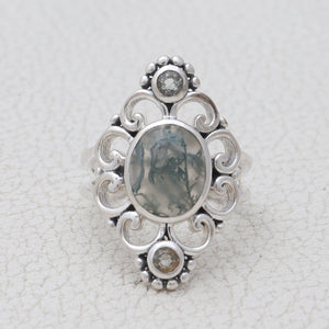 Moss Agate with Green Amethyst Silver Rings