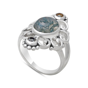 Moss Agate with Green Amethyst Silver Rings