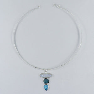 Rainbow Moonstone & Blue Topaz Silver Necklace