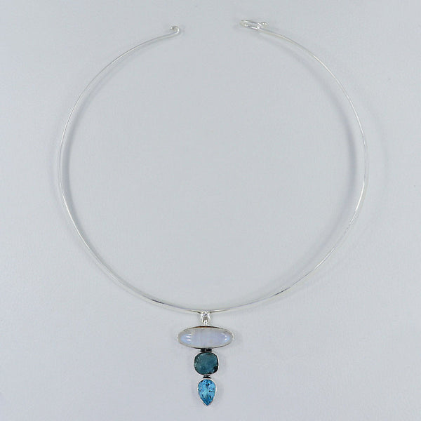 Rainbow Moonstone & Blue Topaz Silver Necklace