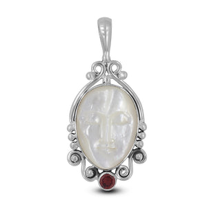 Face Carved Mother of Pearl Silver Pendant