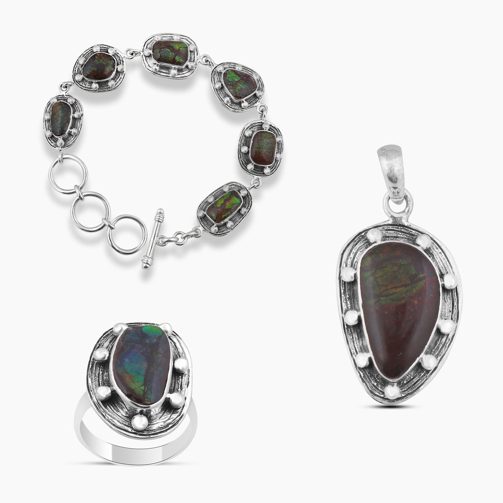 Natural Ammolite Pendant Set 925 Sterling Silver Jewelry