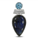 Rainbow Moonstone & Blue Topaz Silver Pendant