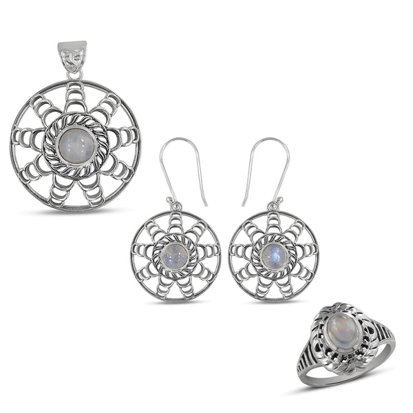 Natural Rainbow Moonstone Gemstone 925 Sterling Silver Jewelry Set