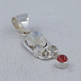 Rainbow Moonstone. Pink Tourmaline Silver Pendant