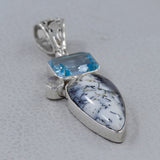 Dendritic Opal, Blue Topaz Silver Pendant