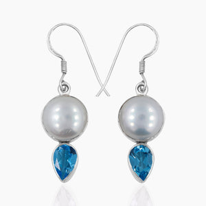 Pearl &  Blue Topaz Silver Earrings