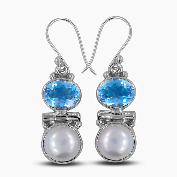 Fresh Water Pearl & Blue Topaz Silver Earrings