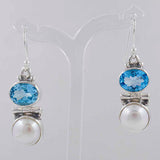 Fresh Water Pearl & Blue Topaz Silver Earrings