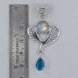 Rainbow Moonstone, Blue Topaz Silver Pendant