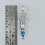 Rainbow Moonstone, Pearl & Blue Topaz Silver Pendant