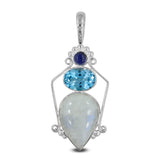 Rainbow Moonstone, Blue Topaz, Iolite Silver Pendant