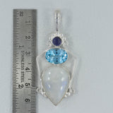 Rainbow Moonstone, Blue Topaz, Iolite Silver Pendant